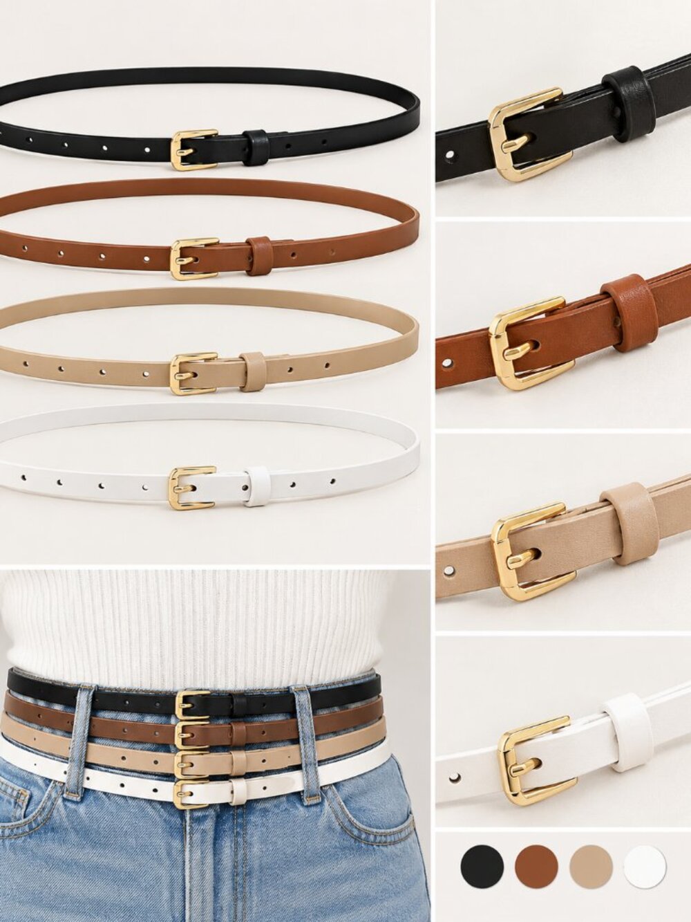 HOTWILL 4 Pack Women Skinny Belts for Jeans Dress Thin Waist Belt